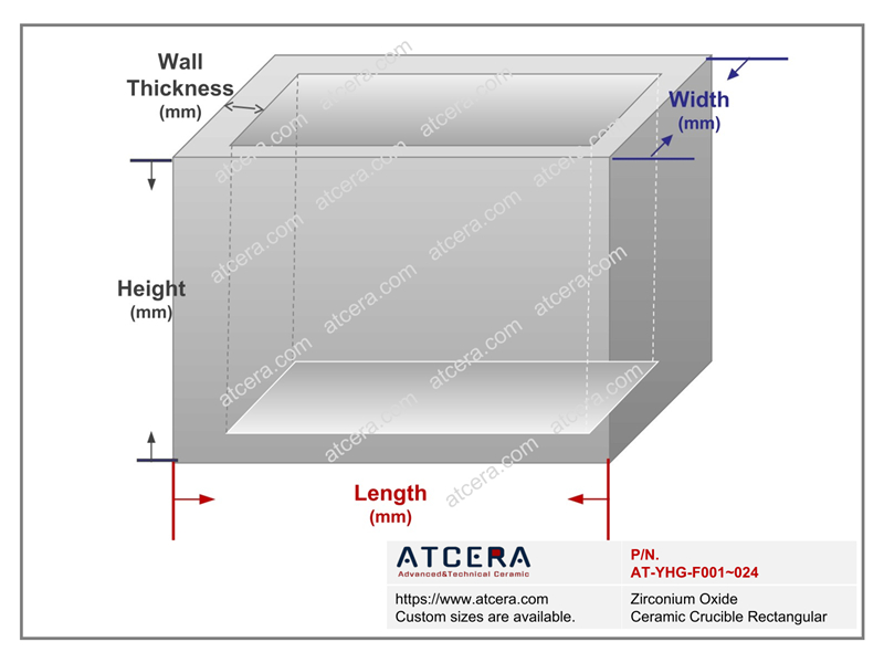 Drawing of Zirconium Oxide Ceramic Crucible Rectangular