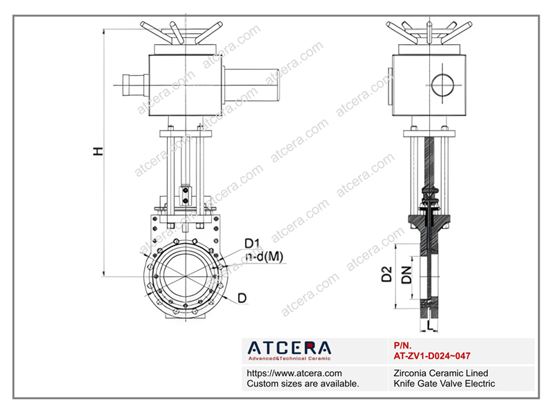 Drawing of Zirconia Ceramic Lined Knife Gate Valve Electric